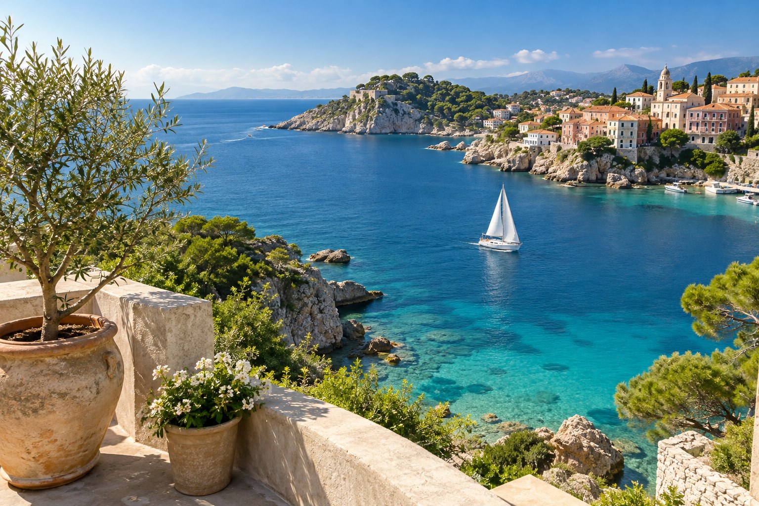 Sunlit coastal village above a turquoise Mediterranean bay